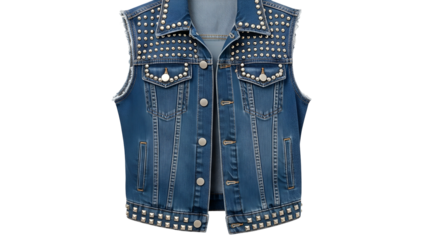 Denim outer garment adorned with numerous metallic studs displayed against a dark background