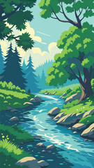 Forest stream with rocks and trees