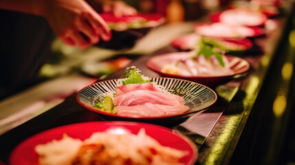 Freshly prepared sushi dishes on a conveyor belt in a restaurant setting