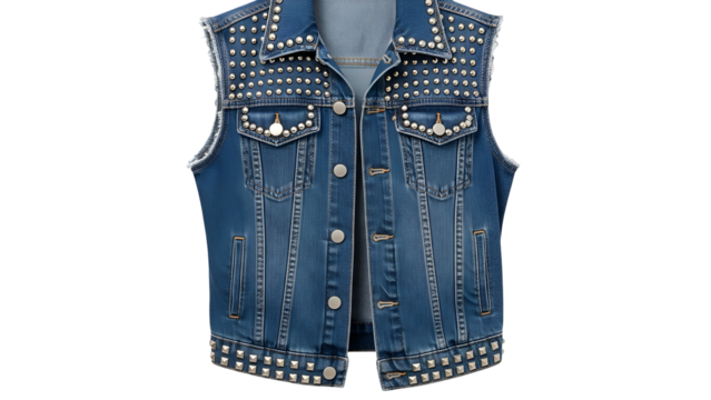 Denim outer garment adorned with numerous metallic studs displayed against a dark background