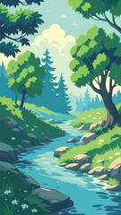 Forest stream landscape with lush greenery and sky