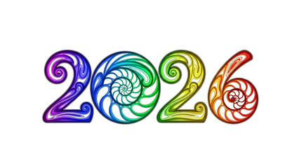 Stylized numeral design displays the year two thousand twenty six against a dark background