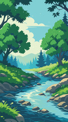 Forest stream landscape with lush trees and mountains