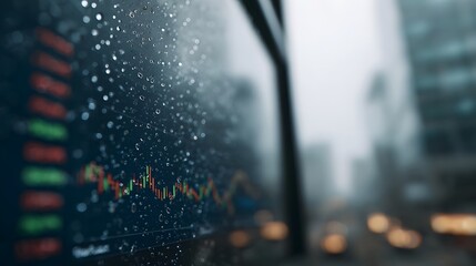 A financial market graph displayed on a screen covered with rain droplets with a blurred urban background