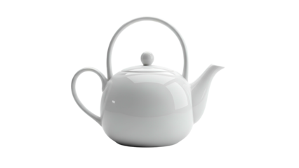 Shiny white ceramic vessel with an arched handle stands isolated against deep black background