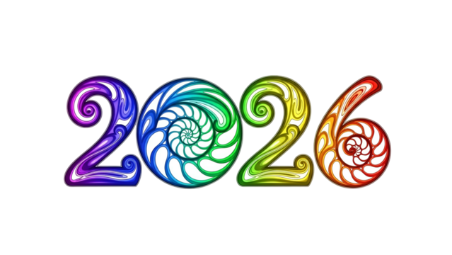 Stylized numeral design displays the year two thousand twenty six against a dark background
