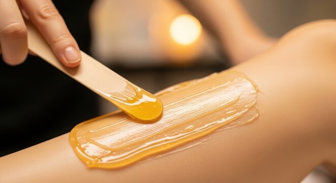 Close up of waxing leg hair removal with sugar paste