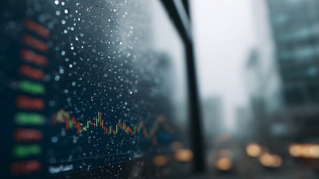 A financial market graph displayed on a screen covered with rain droplets with a blurred urban background