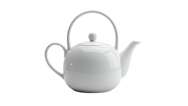 Shiny white ceramic vessel with an arched handle stands isolated against deep black background