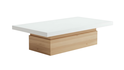Rectangular modern coffee table features a thick white surface resting upon a solid light wood base