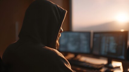 Silhouette of a person wearing a hood intently focused on multiple computer monitors illuminated by the warm glow of a sunset