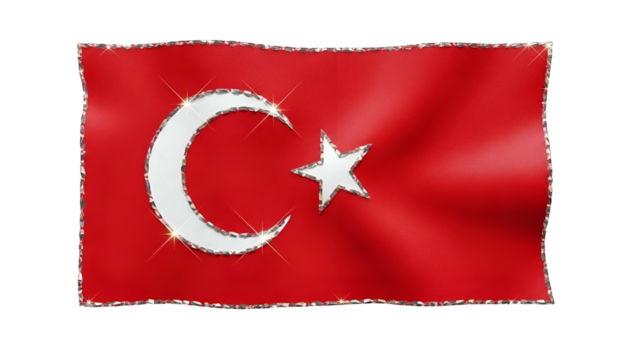 Waving national emblem featuring red fabric with silver crescent and star design against dark background