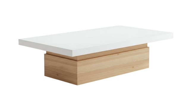 Rectangular modern coffee table features a thick white surface resting upon a solid light wood base