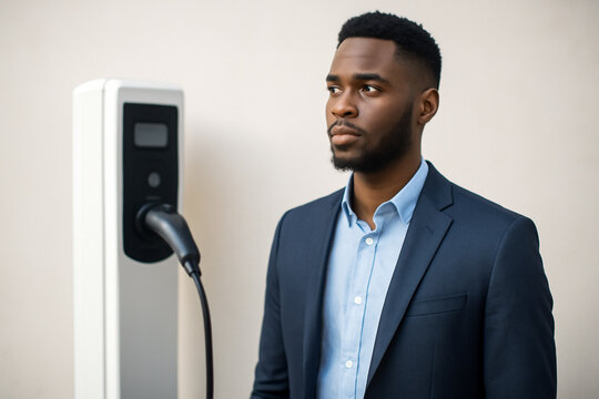 AI generated A confident young Black man in a smart-casual outfit standing next to an electric vehicle charging station. The image evokes a sense of modernity, sustainability, and progress