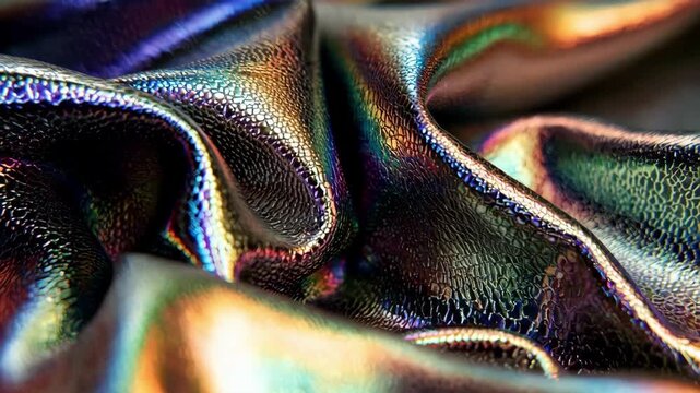 Closeup of leather showcasing holographic print with layered optical effects creating a vibrant 3D visual texture under changing light conditions.