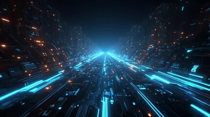 Dynamic neon blue and orange digital data stream flowing through futuristic circuit board cityscape at high speed, representing technology and innovation - Powered by Adobe