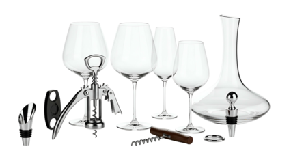 Collection of essential clear glassware and metallic tools for serving and enjoying fermented grape beverages