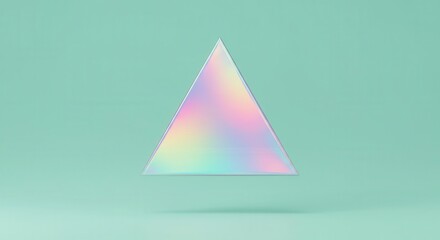 Fototapeta premium Three dimensional geometric triangular shape exhibits iridescent surface texture against a solid background