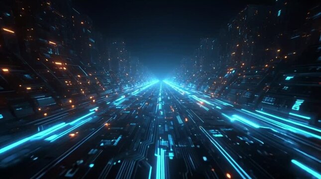 Dynamic neon blue and orange digital data stream flowing through futuristic circuit board cityscape at high speed, representing technology and innovation - Powered by Adobe