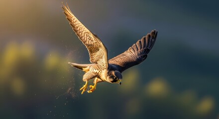 The peregrine falcon flies and searches for its prey.