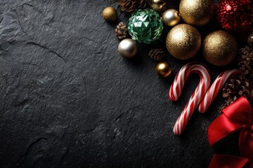 Festive christmas decorations including candy canes pine cones baubles and a red ribbon on a dark textured background