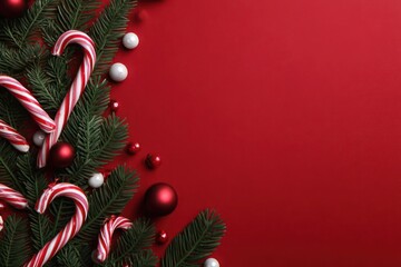 Festive christmas border with candy canes and ornaments on a vibrant red background with copy space