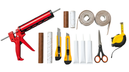 Assortment of sealing and construction supplies arranged against a dark background