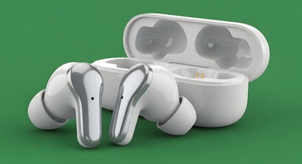 Wireless earbuds with charging case placed on a vibrant green background, showcasing modern portable audio technology for music and calls