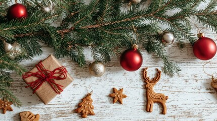 Festive christmas tree branches adorned with red baubles and charming gingerbread cookies arranged on a rustic wooden surface