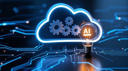 Ai cloud computing technology concept with gears and lightbulb for machine learning and innovation idea