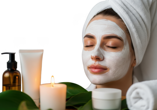 Woman relaxing with face mask and spa products for ultimate self care transparent background - Powered by Adobe