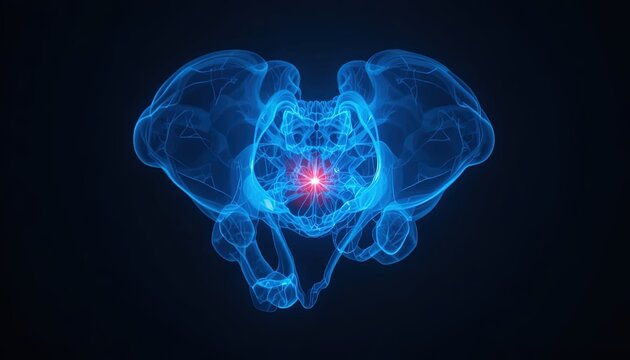Pelvic pain relief concept with glowing blue human anatomy illustration, visualize pelvic floor health and medical research for healing and recovery
