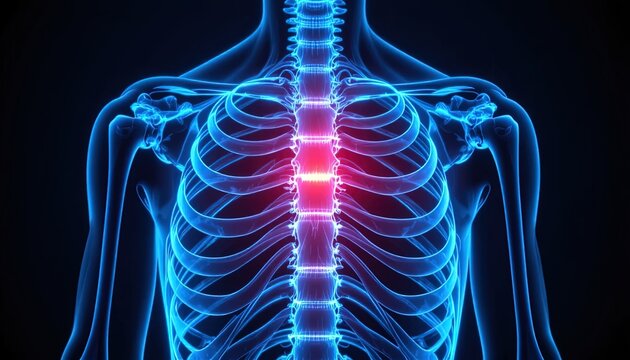 Radiant spinal illustration highlighting back pain and skeletal health, ideal for medical education or healthcare marketing materials about injury and recovery