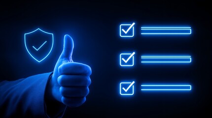 Cybersecurity checklist complete approval concept with thumbs up and shield for data protection online