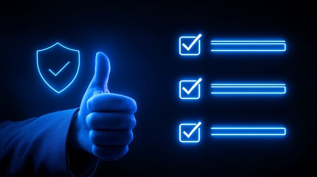 Cybersecurity checklist complete approval concept with thumbs up and shield for data protection online