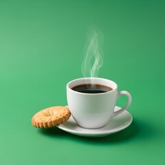 A steaming cup of hot coffee placed on a saucer with a cookie beside it, set against a vibrant green background for a cozy and inviting atmosphere