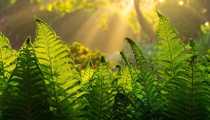 Lush Green Ferns Bathed in Golden Sunlight in a Serene Forest Setting.