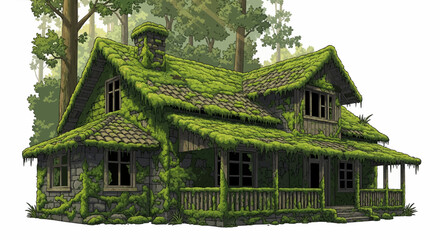 Vector illustration of an old house covered in thick green moss, with moss growing on walls, roof tiles, windowsills, and stone foundation.