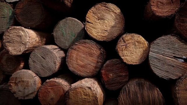 Medium shot of certified sustainable wood logs stacked neatly showcasing responsible forestry practices for environmentally friendly millwork.
