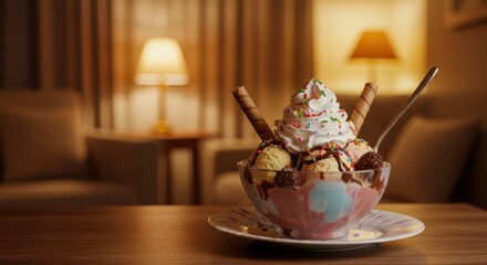 Decadent ice cream sundae creation rests upon a wooden table in a softly lit interior setting