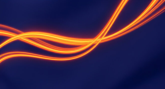 Abstract orange light trails on dark blue background create a dynamic and energetic feel with a sense of movement and speed - Powered by Adobe