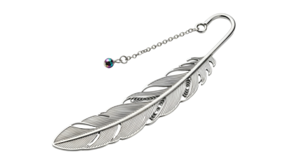 Ornate metallic feather shaped reading accessory hangs against a solid black background