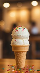 Double scoop vanilla ice cream served in a wafer cone with multicolored sprinkles rests on a wooden surface