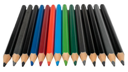 Assortment of sharpened drawing instruments displayed diagonally against a solid black background