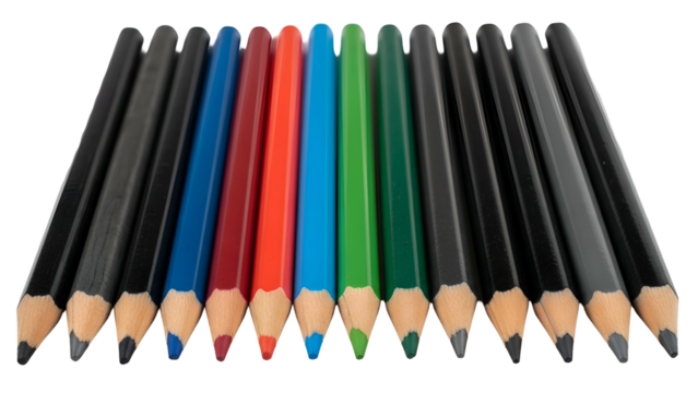 Assortment of sharpened drawing instruments displayed diagonally against a solid black background - Powered by Adobe