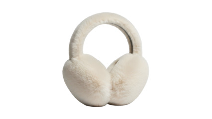 Fluffy cream-colored accessory for covering ears against cold weather is isolated on black