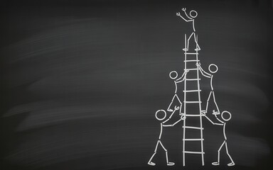 Whimsical chalk drawing of a tall tower on a dark blackboard