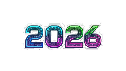 Numerals representing the year two thousand twenty six are stylized with glowing circuit board designs against a dark background