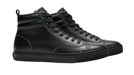 Pair of all black high top athletic shoes displayed against a dark background