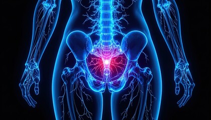 Stunning medical visualization of pelvic pain and nerve pathways for educational resources and healthcare marketing, showcasing human anatomy and pain management
